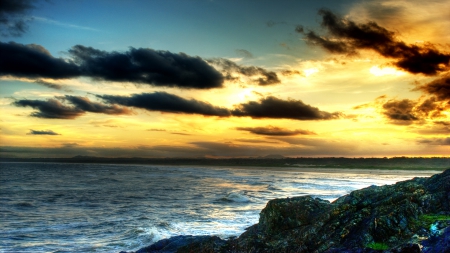 fantastic seashore sunset - clouds, sunset, shore, sea, rocks