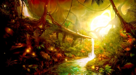 JUNGLE PARADISE - trees, waterfalls, planet, creek, Picture, snail, Avatar, jungle, butterfly, Pandora