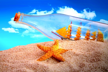 SUMMER STAR - creative, sand, cork, starfish, ship, bottle