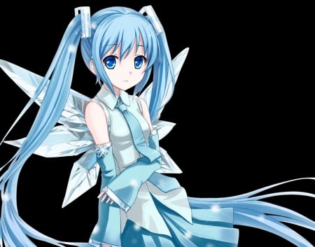 Cirno Miku - anime, vocaloid, female, wing, hatsune miku, long hair, touhou, blue hair, plain, hd, blue eyes, anime girl, twintails, cirno, hot, girl, simple, black, miku, wings, fairy, cute, hatsune, crossover, sexy, vocaloids