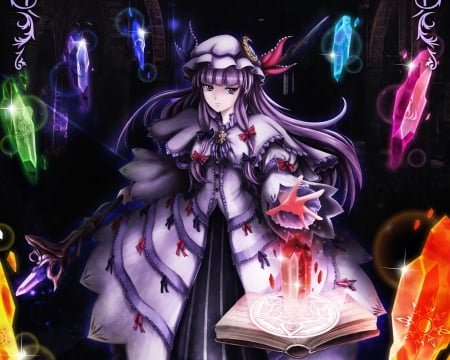 Patchouli Knowledge - anime, magic, female, book, dress, mad, long hair, crystal, dark, touhou, Patchouli Knowledge, hd, purple hair, anime girl, hot, girl, darkness, magician, angry, fantasy, sinister, cute, sexy