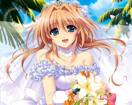 ♡ Bride ♡ - pretty, anime, elegant, female, dress, blonde, wed, blond hair, long hair, happy, gorgeous, blond, hd, nice, veil, bride, gown, anime girl, hot, wedding, girl, blonde hair, lovely, sweet, flower, petals, bouquet, cute, floral, sexy