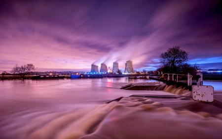 WHERE the POWER COMES - sky, night, steam, power, mech, timelapse, reflection, nuclear, river, plant, tech