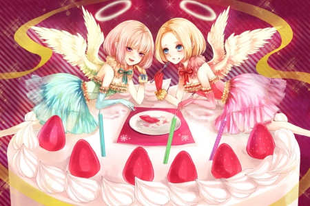 Angel Cake - pretty, anime, cream, delicious, female, wing, dress, angel, short hair, eat, halo, fruit, nice, cake, gown, anime girl, strawberry, hungry, hot, candle, girl, feather, lovely, sweet, wings, eating, cute, adorable, sexy