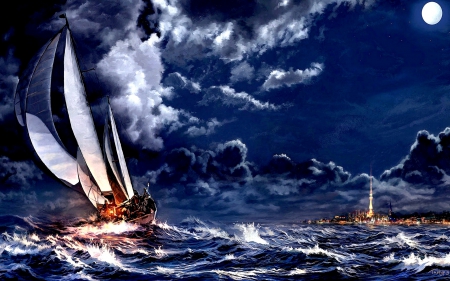 SHIPS on ROUGH SEA - moon, water, ships, sea, sails, rough