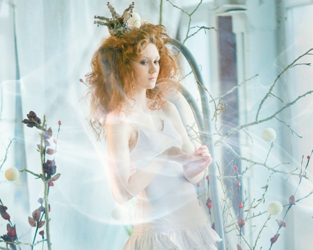 White maiden - woman, white, crown, twigs, artistic