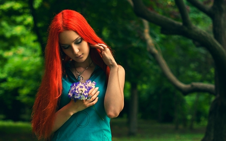 Woman - pose, model, flowers, woman, redhead