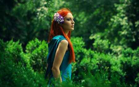 Woman - flowers, plants, woman, redhead