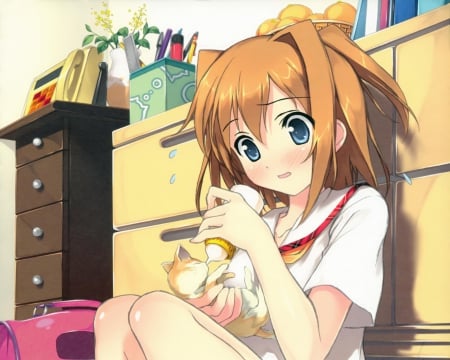 Milk Feeding - pretty, milk, anime, kawaii, female, short hair, eat, kitten, nice, anime girl, bottle, girl, lovely, brown hair, sweet, cat, feed, eating, cute, adorable, kitty