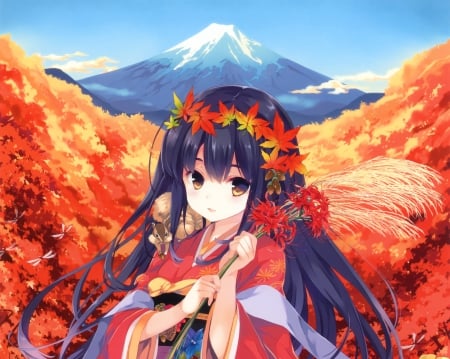 Autumn Leaves - nice, autumn, female, anime girl, pretty, anime, kimono, cute, hill, adorable, mountain, girl, long hair, lovely, hd, kawaii, yukata, leaves, sweet