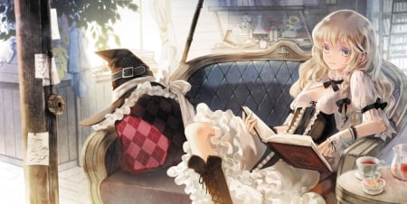 Kirisame Marisa - nice, female, hat, hot, anime girl, elegant, book, gorgeous, touhou, pretty, anime, cute, maiden, lady, sexy, long hair, alice margatroid, gown, lovely, hd, chair, sweet, dress, kirisame marisa