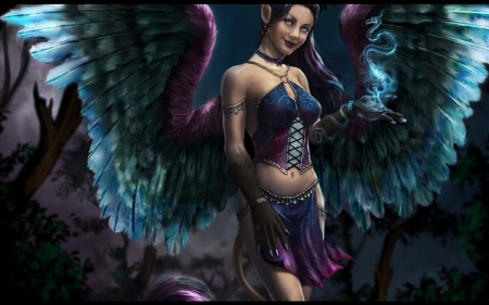 Angel - woman, girl, angel, wings, fantasy, purple, creature, pink, blue, feather