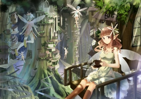 FairyTopia - nice, female, hot, wings, anime girl, fantasy, brown hair, pretty, cutee, anime, sexy, girl, long hair, gown, lovely, village, wing, sweet, fairy, dress