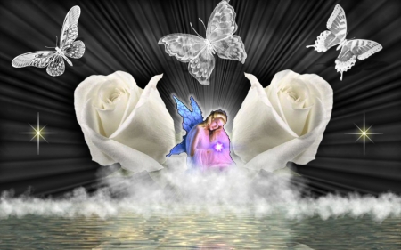 White Rose Fairy - abstract, fantasy, butterflies, digital art, fairy, reflection, fractal