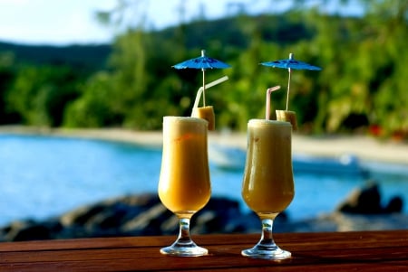 REFRESHING  COCKTAIL - seaside, drink, glasses, cocktail, refreshment, drinking, tropical, alcoholic, vacation, celebration, seashore, holiday, blend, beverage