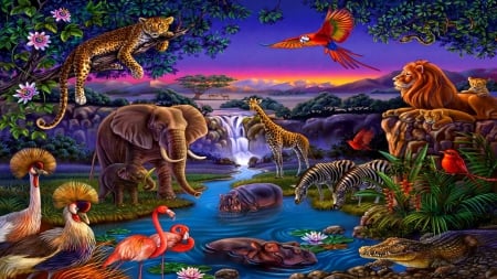 African Sundown - bird, elephants, lions, giraffes