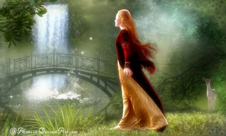 Waterfall - waterfall, bridge, lady, fantasy