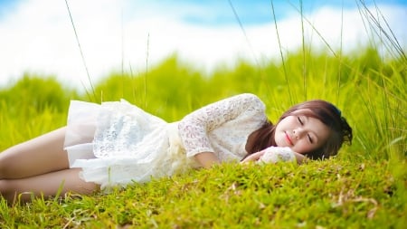 Asian Girl - asian, girl grass, white, sleep, pretty, rest, smile, cute, dress