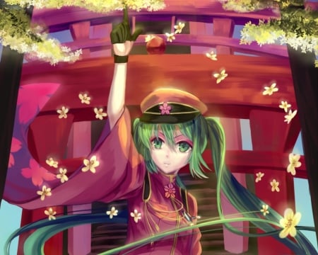 Senbon Zakura - anime, anime girl, vocaloid, female, twintails, girl, hatsune miku, green eyes, green hair, flower, long hair, miku, hatsune, floral, vocaloids