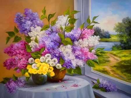 Still life - nice, beauty, sky, fragrance, room, bouquet, path, still life, spring, painting, view, art, home, pretty, window, scent, lilac, lake, lovely, vase, nature, beautiful, flowers