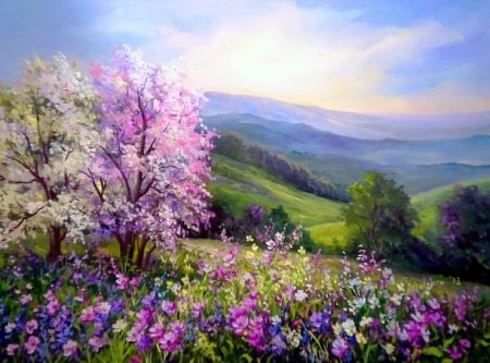 Spring - pretty, hills, blossoms, sunny, landscape, meadow, spring, light, mountain, flowering, flowers, purple, scent, field, nice, art, sky, sunlight, trees, beautiful, slope, fragrance, beauty, colors, lovely, freshness, blooming, rays, painting, shine