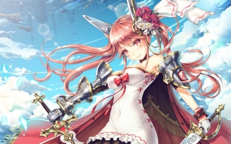 Original - Cute, Anime Girl, Clouds, Dress, Brown Hair, Happy, Bow, Amazing, Fun, Awesome, Twin Tails, Pretty, TwinTails, Sexy, Sword, Manga, Sweet, White Dress, Orange Hair, Warrior, Smile, Lovely, Anime, Ribbon, Armor, Long Hair, Emotional, Flower, Sky, Orange Eyes, Beautiful, Playful, Gorgeous, Original