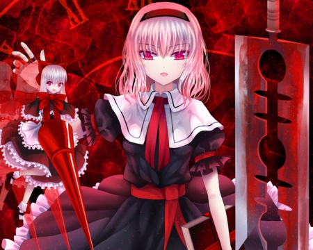 Red Evil - anime, female, dress, gloomy, evil, scary, short hair, gloom, touhou, horror, ribbon, weapon, scare, alice margatroid, anime girl, hot, girl, red eyes, blade, sinister, cute, alice, sexy, eerie