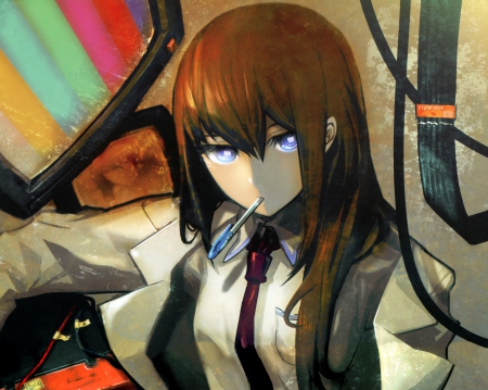 Makise Kurisu - anime, anime girl, female, hot, girl, brown hair, long hair, evil, sinister, cute, Makise Kurisu, sexy, Steins Gate, blue eyes