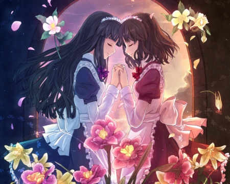 Aliza n Alice - female, hot, video game, rpg, brown hair, mmorpg, ro, game, ragnarok, petals, cute, short hair, ragnarok online, sexy, girl, long hair, gown, blue hair, floral, blossom, flower, dress