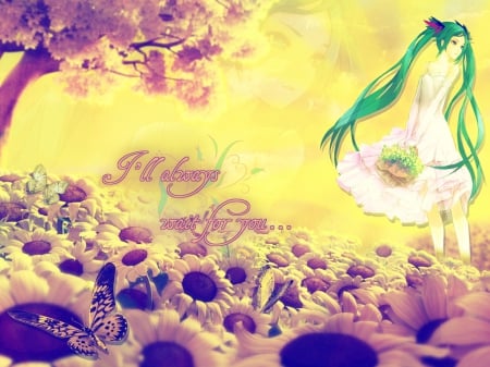 I'll Always Wait For You - flowers, spring, vocaloid, anime, long hair, butterflies, ponytails, basket, white dress, hatsune miku