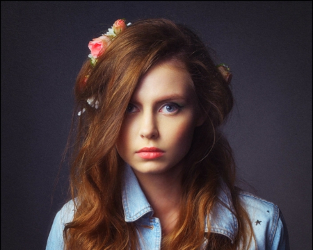 Pretty face - face, portrait, model, flowers, woman