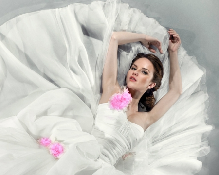 Bride - model, flowers, lying, bride, woman, white dress