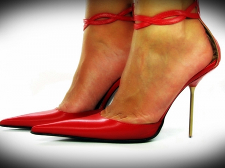 Red and Gold Stilettos - close up, ankles, stilettos, arches, boots, heels, legs, pumps, arch, vamps, spikes, feet, high heels, shoes