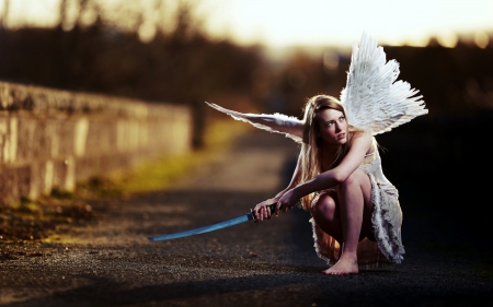 Warrior Angel - warrior, people, beautiful, girl, sword, models, angel, celebrity, warrior angel, wings