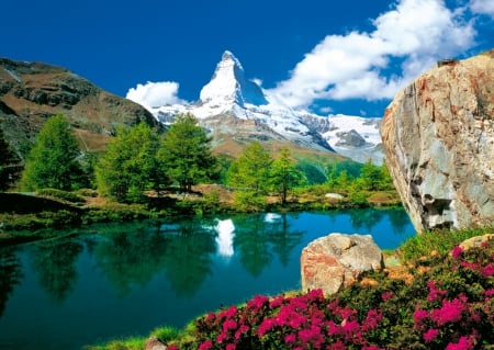 Lovely landscape - pretty, calm, quiet, blue, reflection, flowers, shore, lake, nice, sky, clouds, water, beautiful, beauty, lovely, stones, colorful, river, nature, tranquility, serenity, rocks