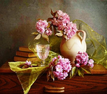 Vintage - beauty, glass, soft, photography, still life, bools, nature, ceramics, pink, vintage, case, table, books, flowers