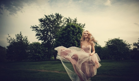 * - smile, woman, dress, run, blonde, beauty, field