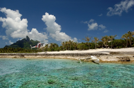 Helicopter Landing in Bora Bora Island French Polynesia - aqua, pacific, paradise, escape, coral, holiday, south, land, zen, fly, islands, tropical, hover, flying, helicopter, sea, retreat, beach, water, clear, polynesia, french, bora bora, otic, lagoon, resort, sand, ocean, landing, reef, luxury, blue, island, spa, tahiti