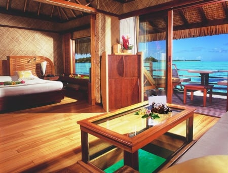 Le Moana Water Villa Interior Bora Bora - lagoon, pacific, le moana, honeymoon, sand, polynesia, tahiti, villa, bed, holiday, bungalow, exotic, escape, paradise, hotel, south, luxury, southseas, bedroom, tropical, retreat, glass, villas, blue, beach, room, french, bungalows, water, sea, floor, resort, ocean, getaway, suite, bora bora