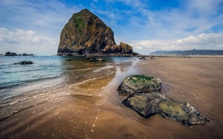 massive rock on a lovely beach - sky, beach, sea, rocks