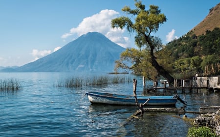 perfect mountain by a lake - lake, docks, boat, tree, mountain