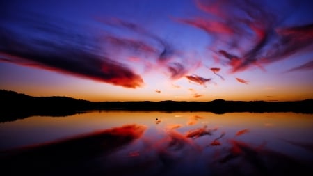 reflections on lake at twilight - lake, twilight, clouds, reflections