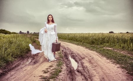 Trouble in paradise - ROAD, paradise BRIDE, DRESS, trouble, SUITCASE