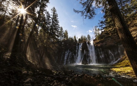 wonderful forest waterfall - sunshine, forest, cliff, stream, waterfall, pool