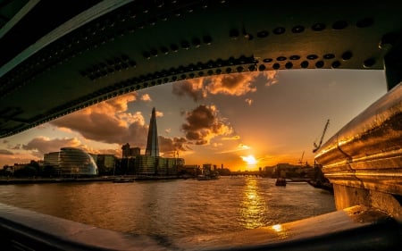 view of the thames river at sunset from under a bridge - city, sunset, bridge, rive