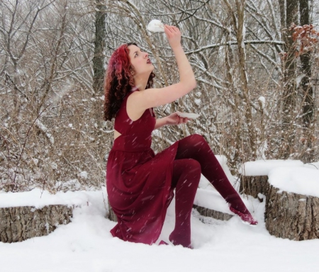 No More Tea - red, lady, tea, winter, model, snow