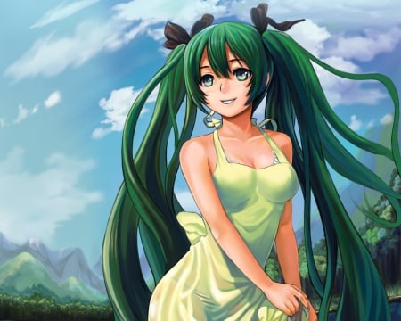 Hatsune Miku - nice, beauty, sky, female, hot, sundress, anime girl, pretty, cloud, anime, miku, ribbon, cute, hatsune miku, sexy, girl, twintails, long hair, lovely, hatsune, vocaloids, hd, green eyes, vocaloid, beautiful, sweet, smile, green hair, dress