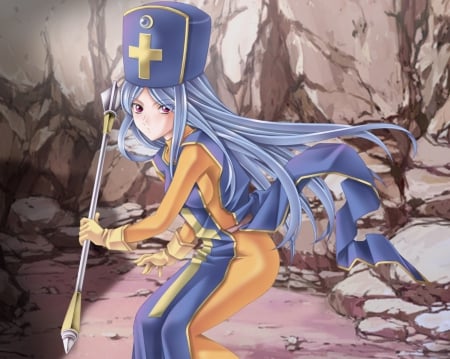 Priest - cute, video game, dragon quest, game, rpg, hot, anime girl, girl, armor, weapon, priest, blue hair, staff, wand, anime, hd, rod, warrior, long hair, sexy, female