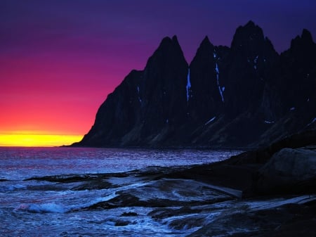 mountain beach - beach, purple, mountain, sea