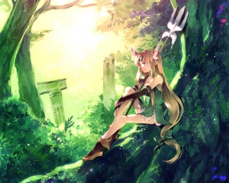 Riesz - anime, warrior, lancer, forest, plant, lance, long hair, armor, spear, rpg, video game, snes, anime girl, game, hot, brown hair, tree, elf, cute, sexy